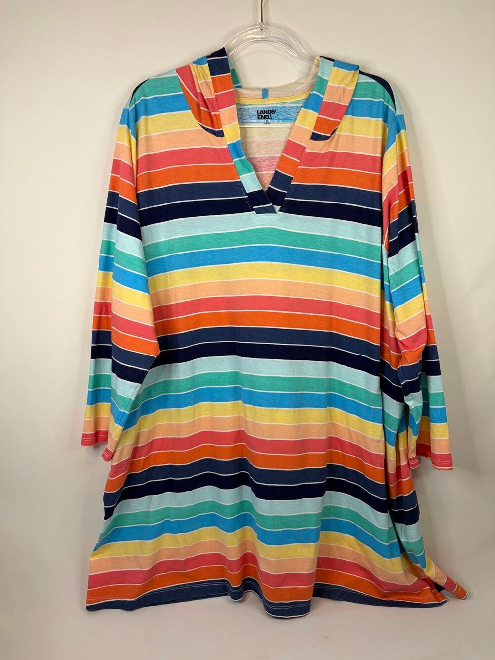 Lands' End Women's Striped Cotton Jersey Hooded Swim Cover-up Dress Plus Size 2X